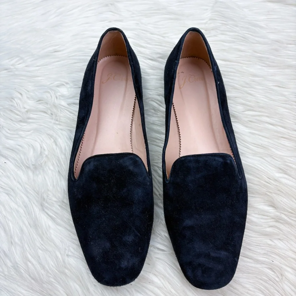 J. Crew Suede Smoking Slippers Pacific Navy Blue Leather Loafer Womens Size 9.5